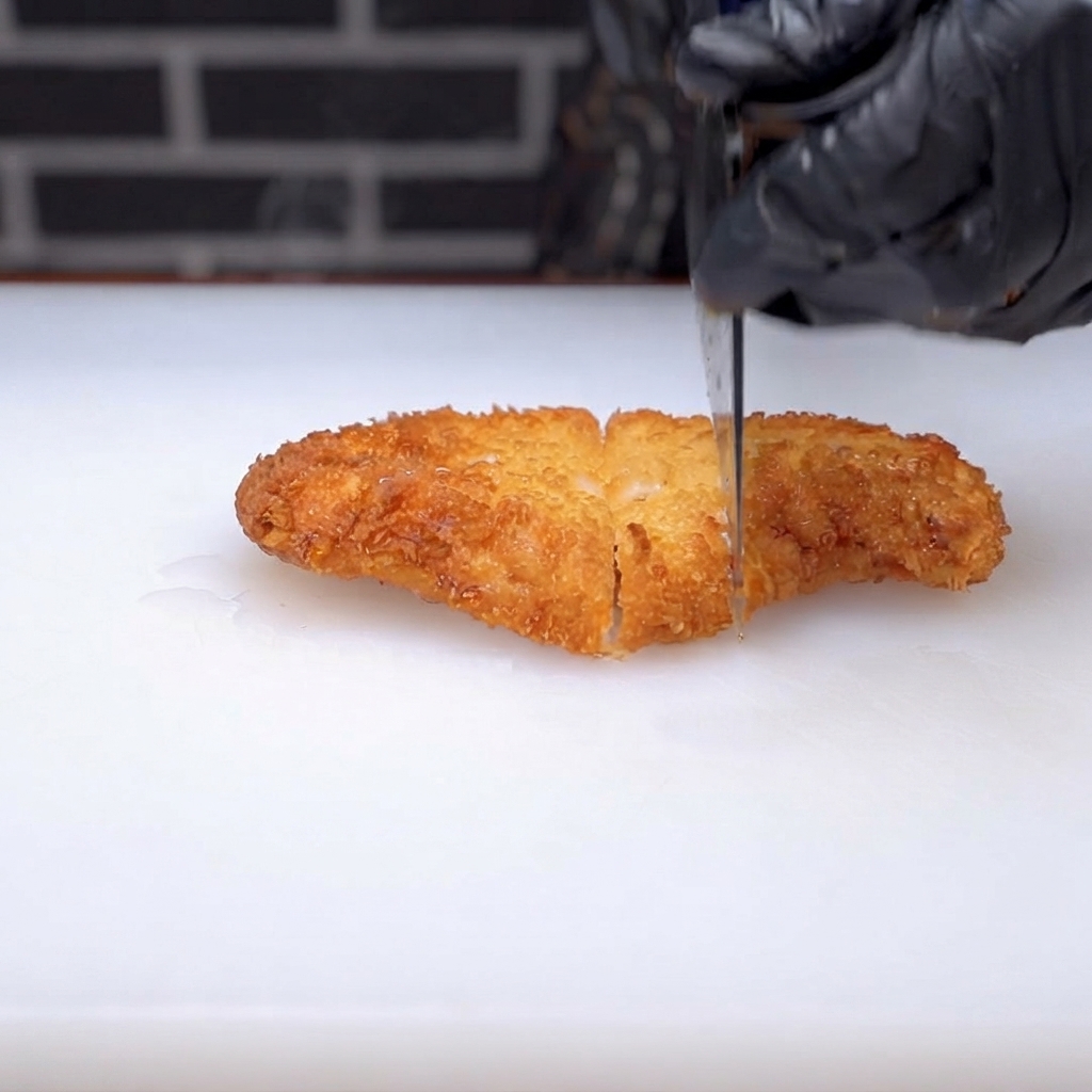 A crispy golden-brown fried pork cutlet being sliced into strips on a white cutting board.