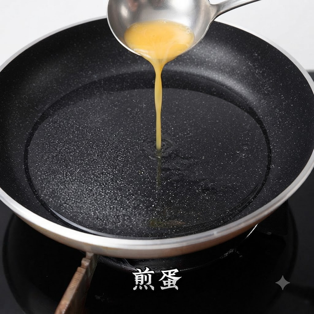 Whisked egg being poured from a ladle into a hot frying pan to create a thin omelet layer.