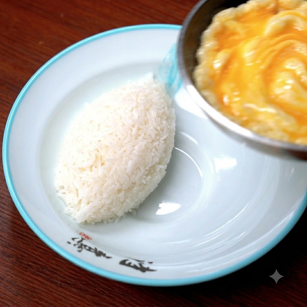 A thin cooked omelet being transferred from a pan onto a serving plate next to white rice.