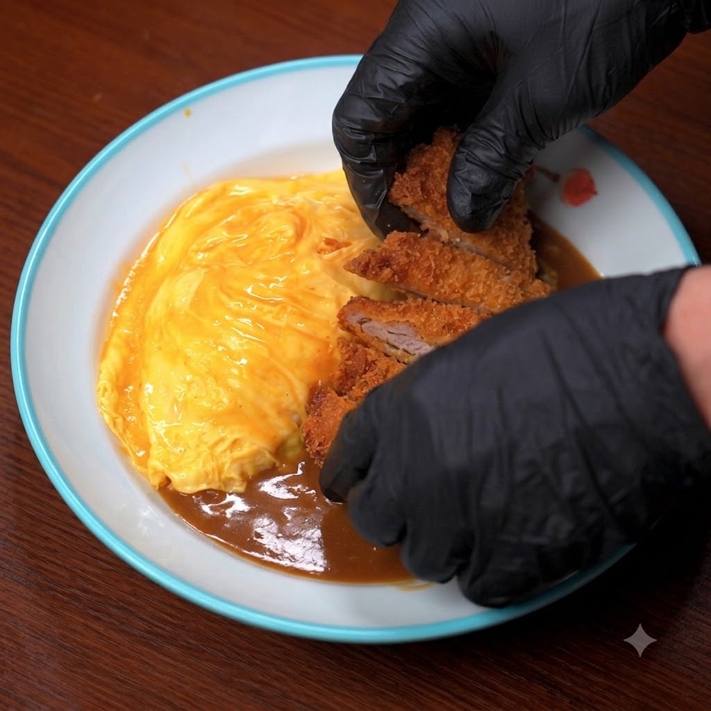 A pair of gloved hands placing sliced crispy pork cutlet onto a curry rice dish with an omelet.