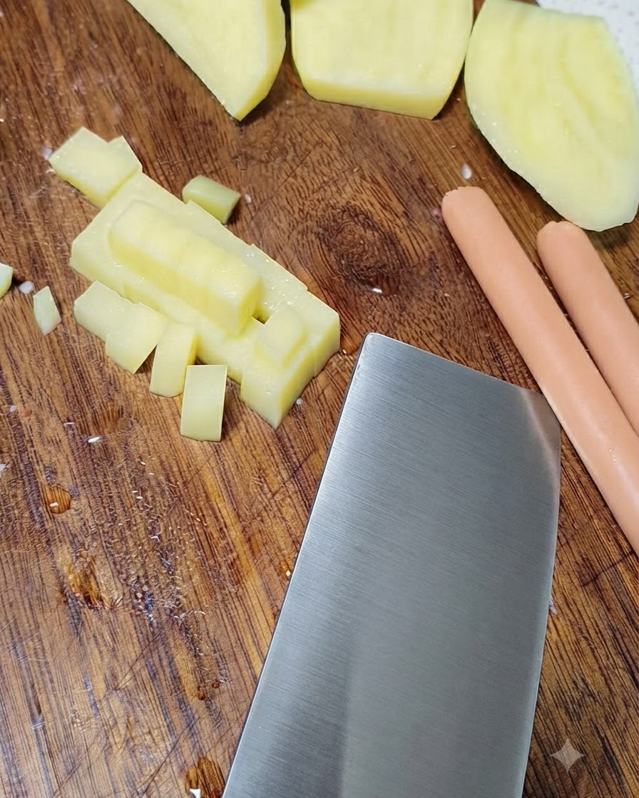 Raw potatoes being carefully diced into small cubes on a wooden cutting board alongside sausages.