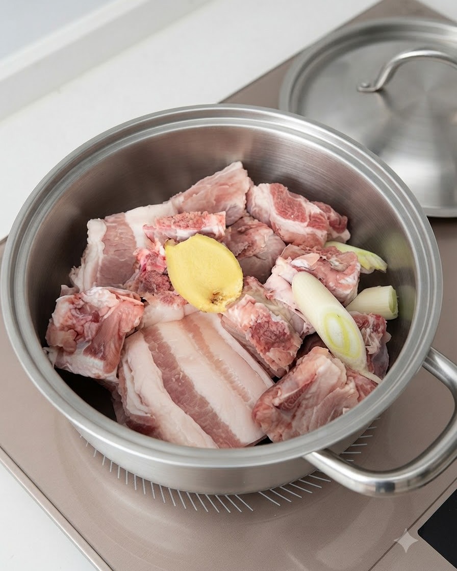 A metal pot filled with pork ribs, ginger slices, scallions, and liquid ready for blanching.