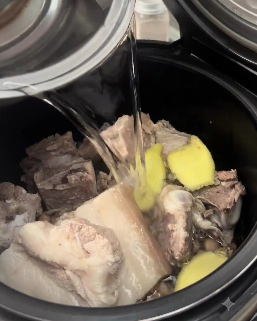 Water being poured from a metallic jug into a black cooking pot filled with pork ribs, peanuts, and sliced ginger.