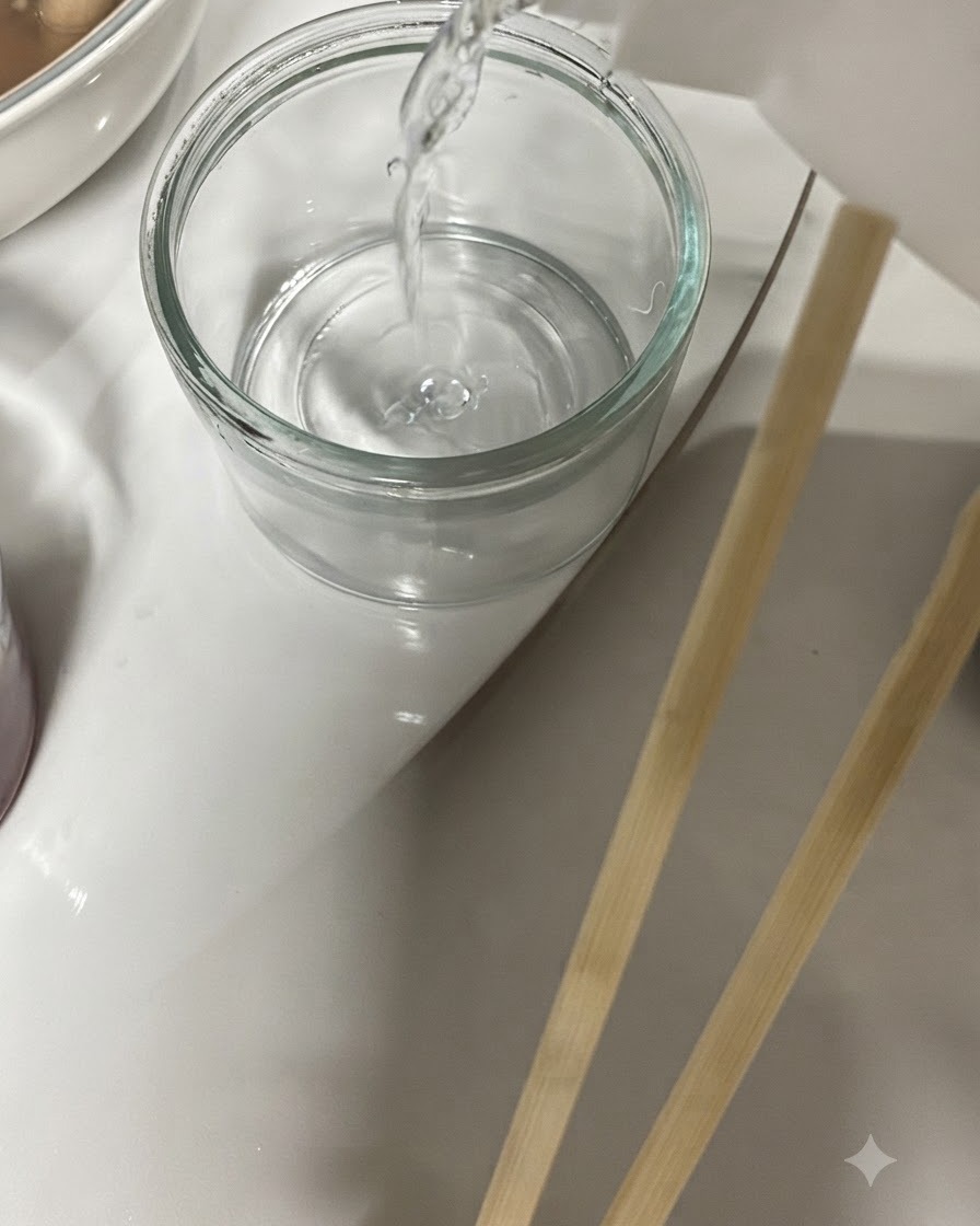 Clear liquor being poured from a bottle into a small glass cup next to a bowl of soup and rice.