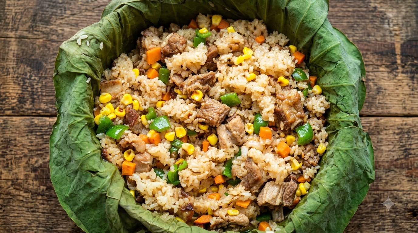 Lotus Leaf Wrapped Steamed Rice with Pork Ribs and Vegetables