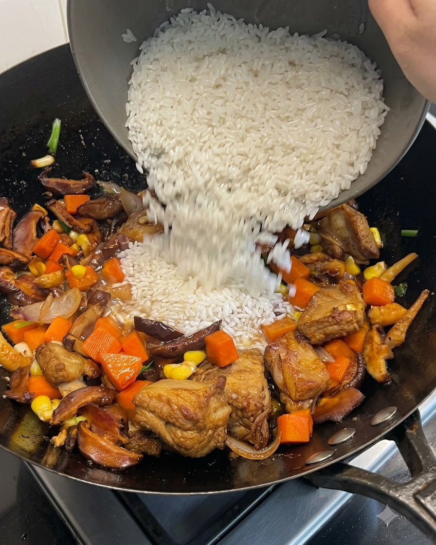 White pre-soaked grains of rice being poured from a bowl into the wok mixture.