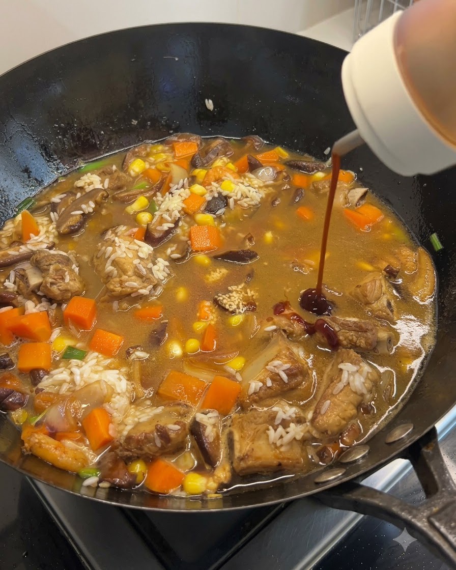 Sauces and seasonings being poured into the wok filled with rice, meat, and vegetables.