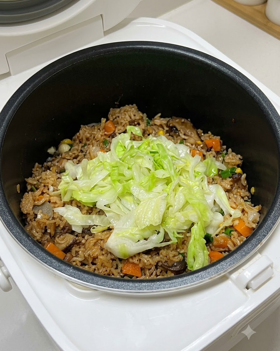 Freshly sautéed green cabbage resting on top of the cooked rice mixture inside the rice cooker pot.