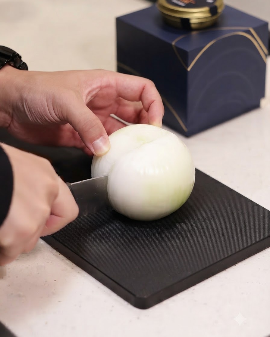 An onion being cut in half on a black cutting board with a knife.