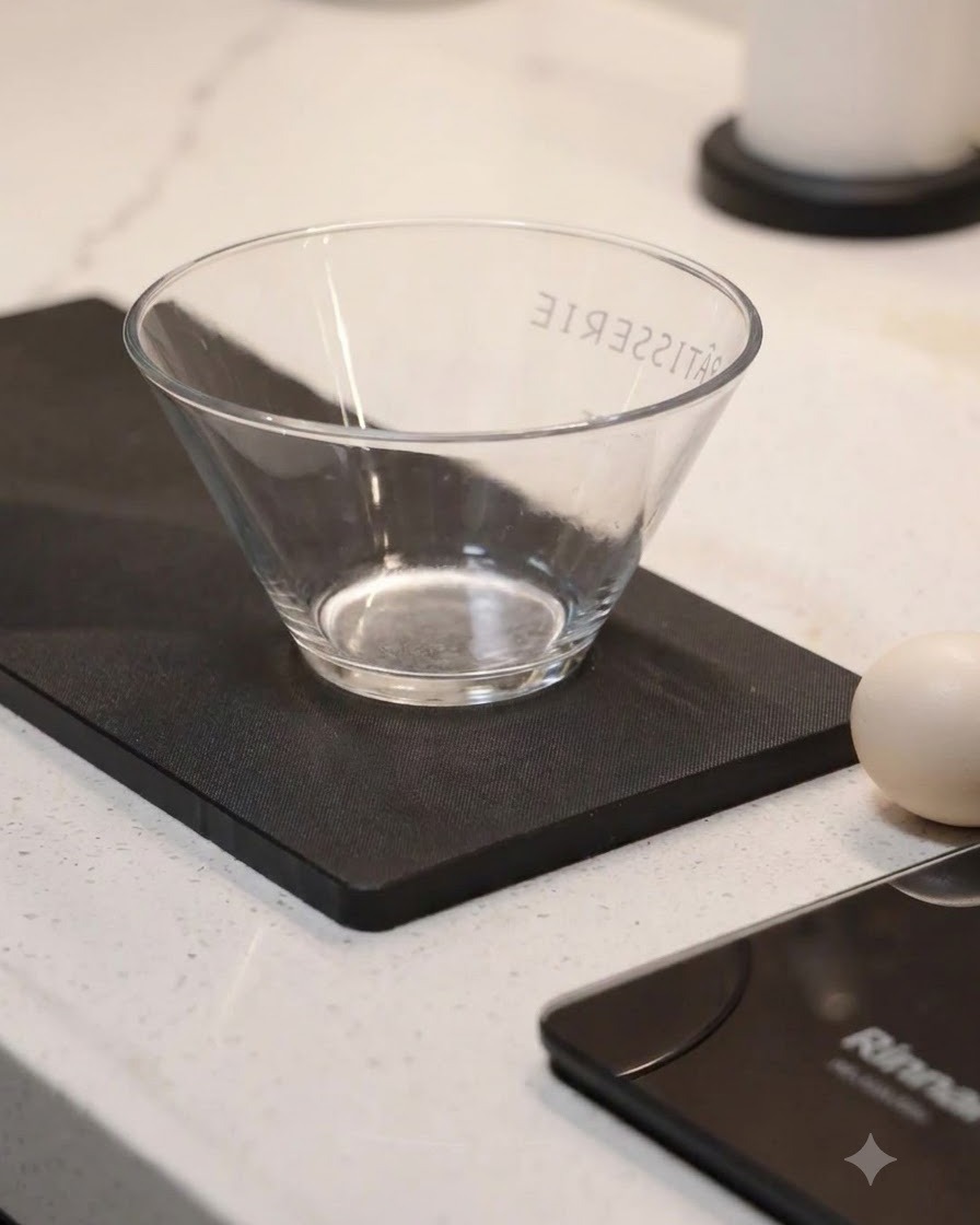 An empty glass mixing bowl positioned on a black mat next to an egg.