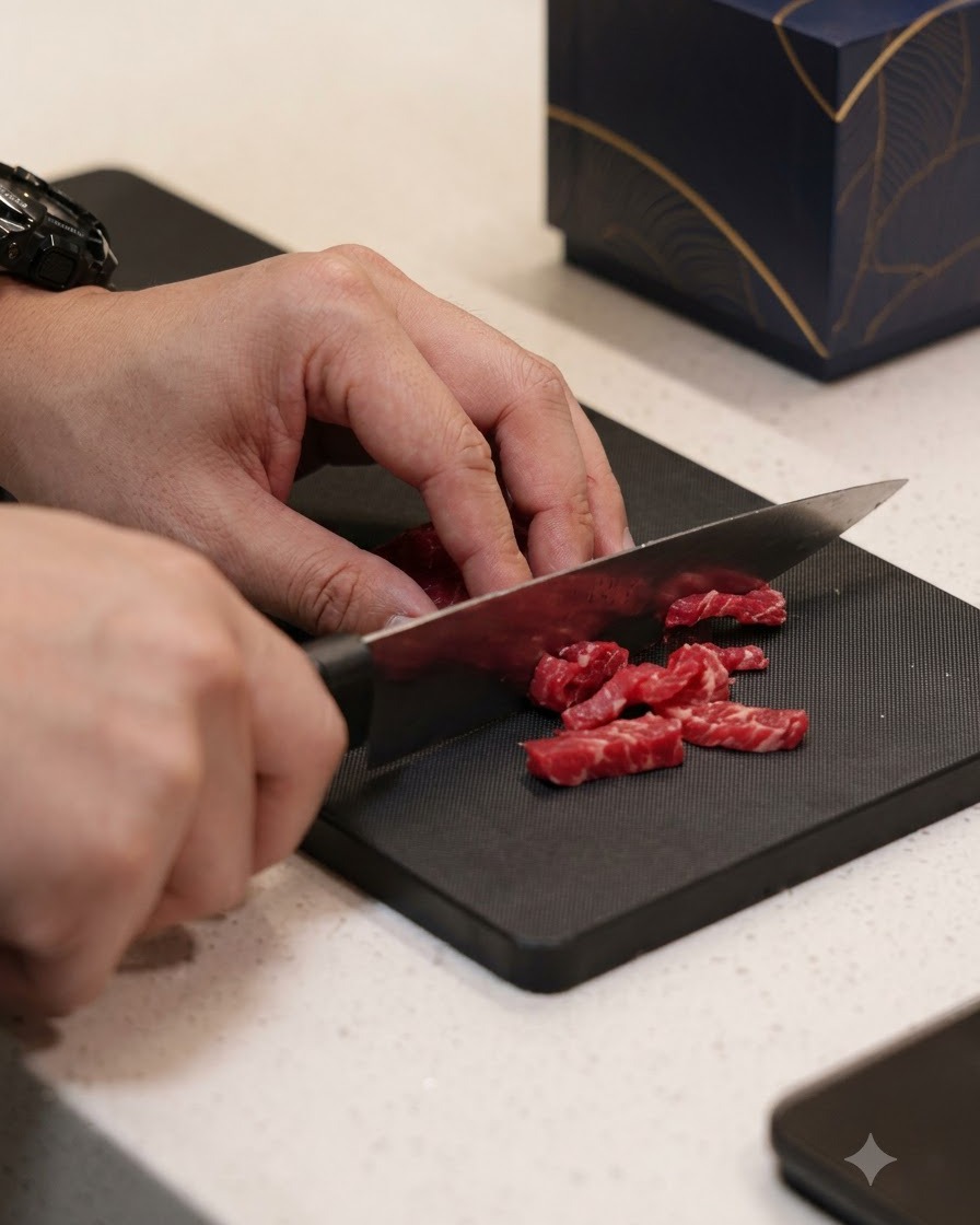 Beef being carefully sliced into small thin strips on a black cutting board.