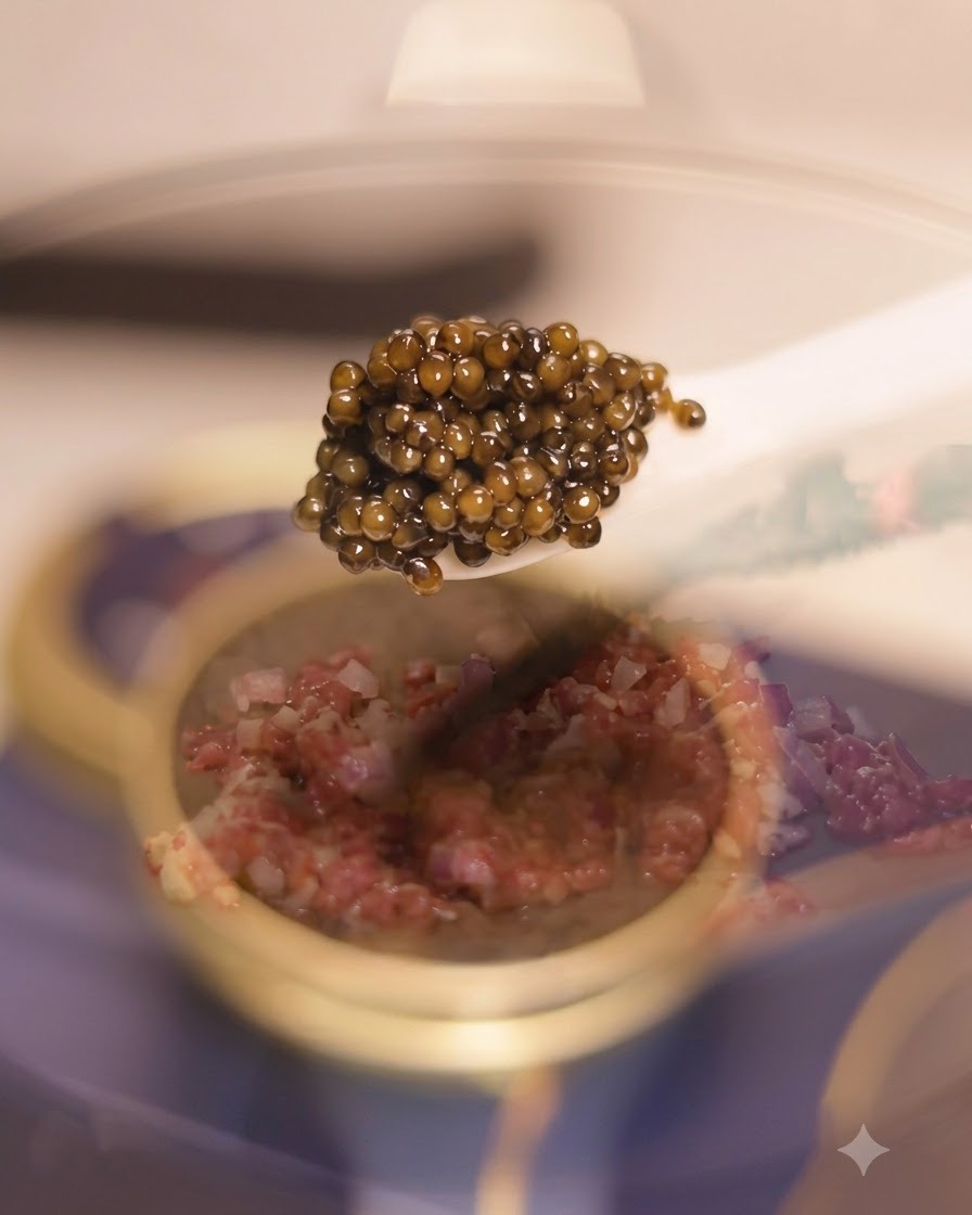 A spoonful of black caviar shown above a pan containing diced meat and onions.