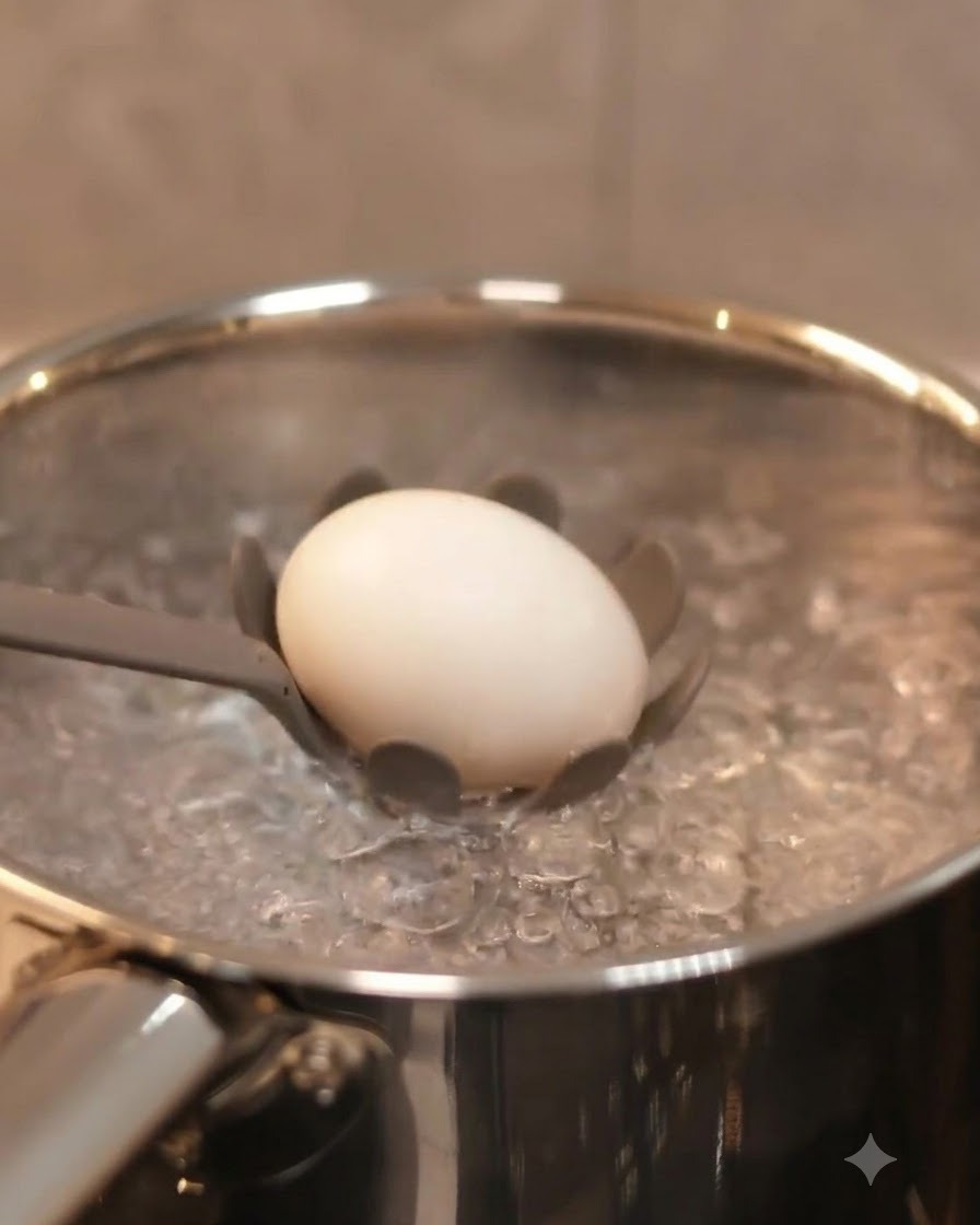 A single egg being lowered into a pot of rolling boiling water using a slotted spoon.