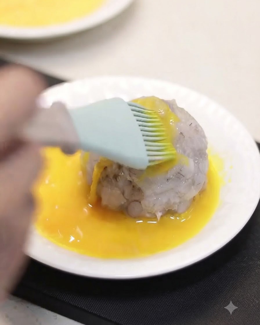 A prawn paste-coated egg being brushed with liquid egg wash on a white plate.