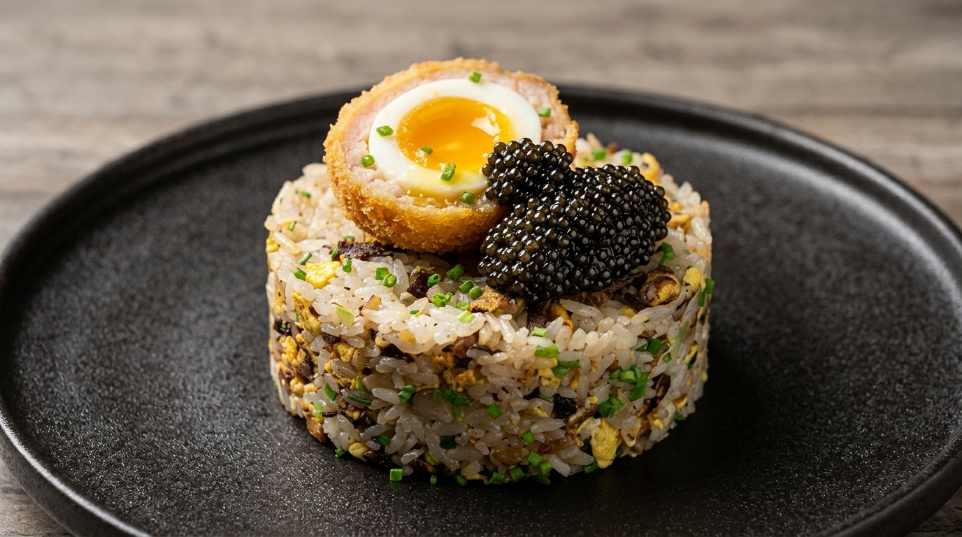 Black Truffle Beef Fried Rice with Scotch Egg and Caviar