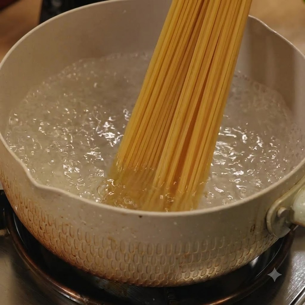 Dry spaghetti noodles being added into a pot of boiling water on a stove.