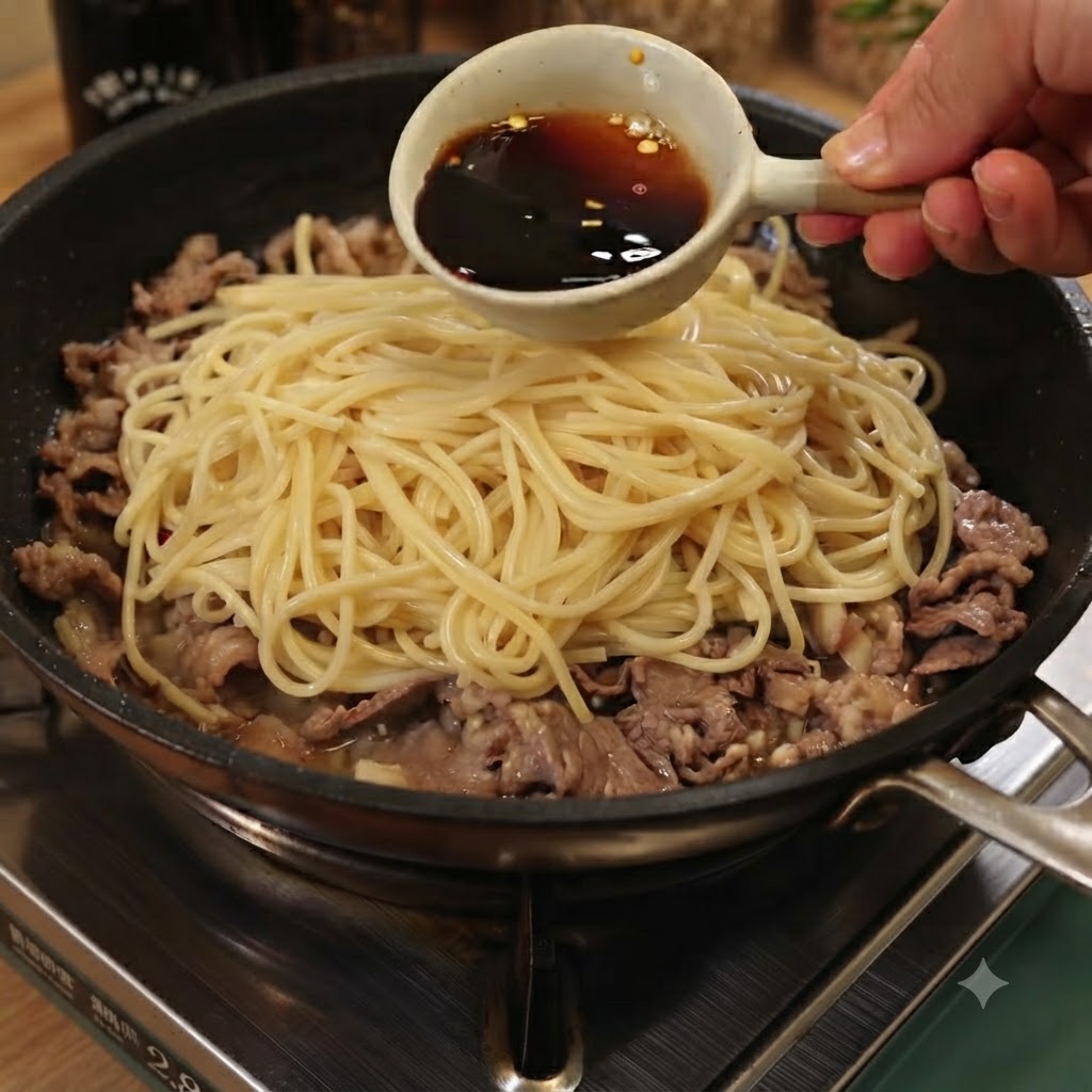 A ladle filled with dark savory sauce being poured over spaghetti noodles and beef in a pan.
