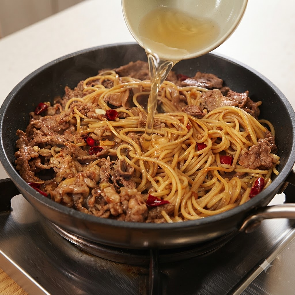 A small bowl pouring noodle cooking water into the pan with noodles and beef.