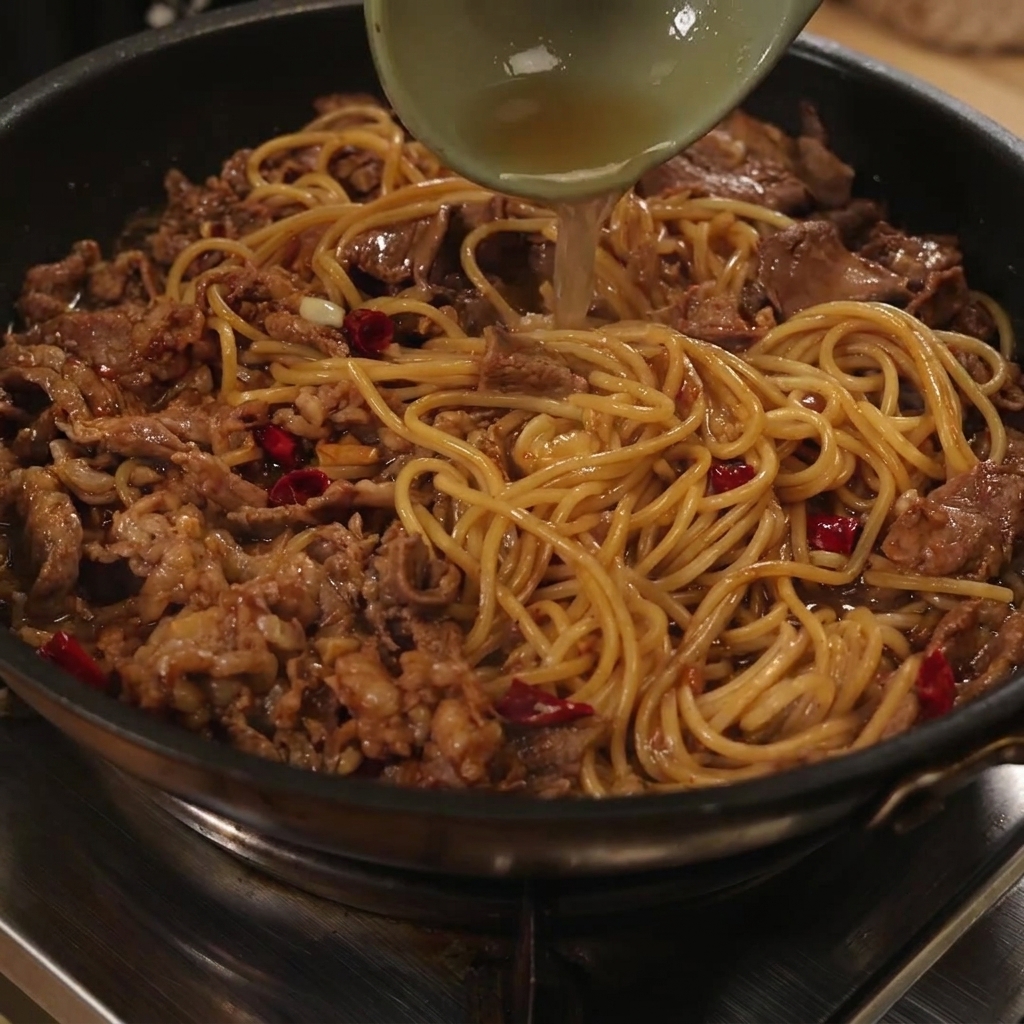 Beef and noodles being stirred together in a pan with liquid being added from a ladle.