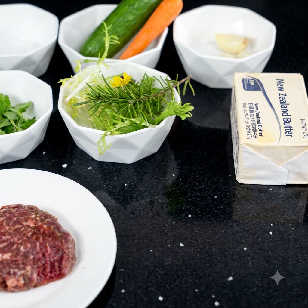 Raw steak on a white plate with seasoning ingredients and a block of butter nearby on a dark surface.