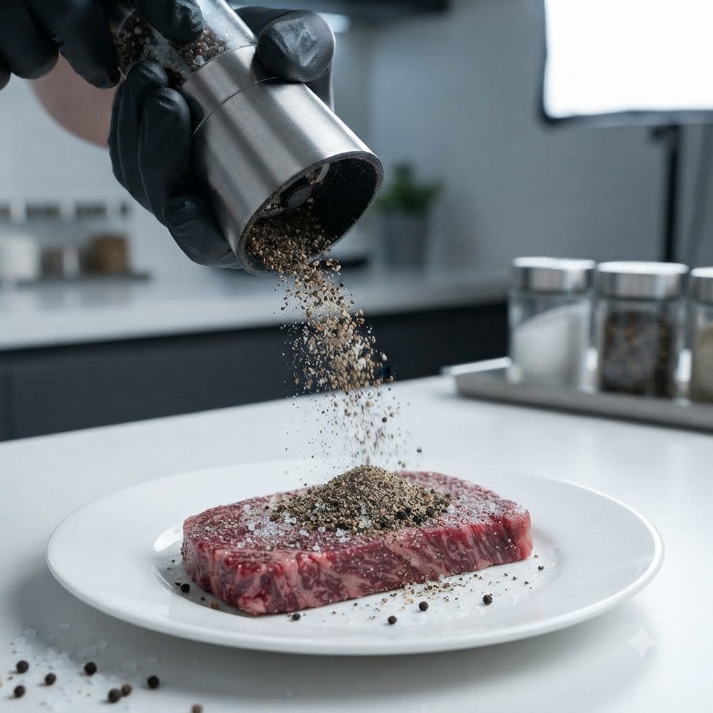 A close-up of a gloved hand grinding black pepper and salt onto a raw steak on a white plate.