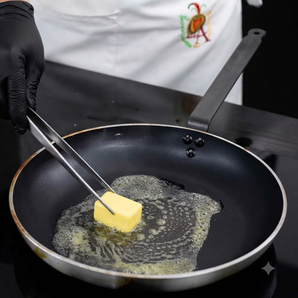 A piece of butter melting in a hot frying pan with vegetable oil using tongs.
