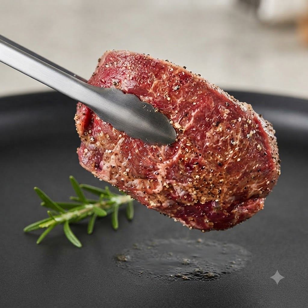 A seasoned steak held up by metal tongs with a sprig of rosemary nearby.