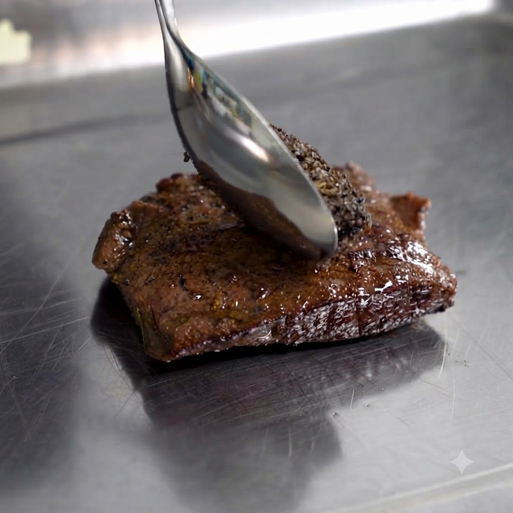 Black truffle paste being spooned and spread onto a browned steak sitting on a steel tray.