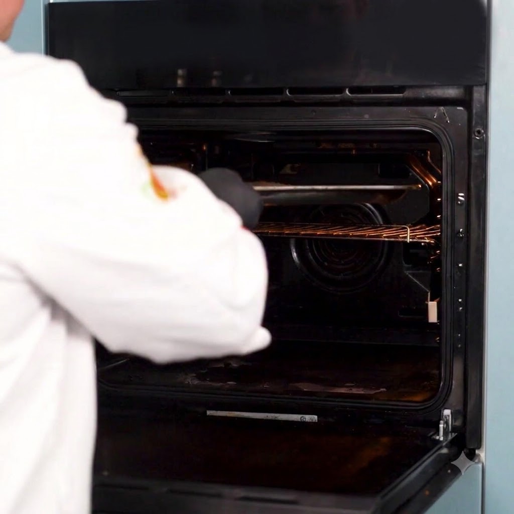 A chef placing a tray with the prepared steak into a hot oven.