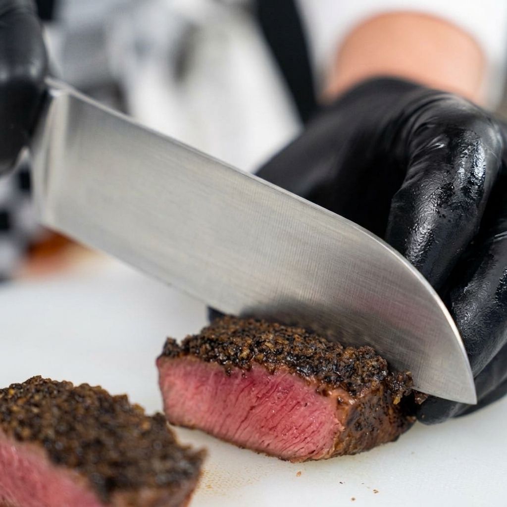 A chef wearing black gloves slicing a cooked steak with a dark truffle crust into three distinct pieces on a cutting board, revealing a pink interior.