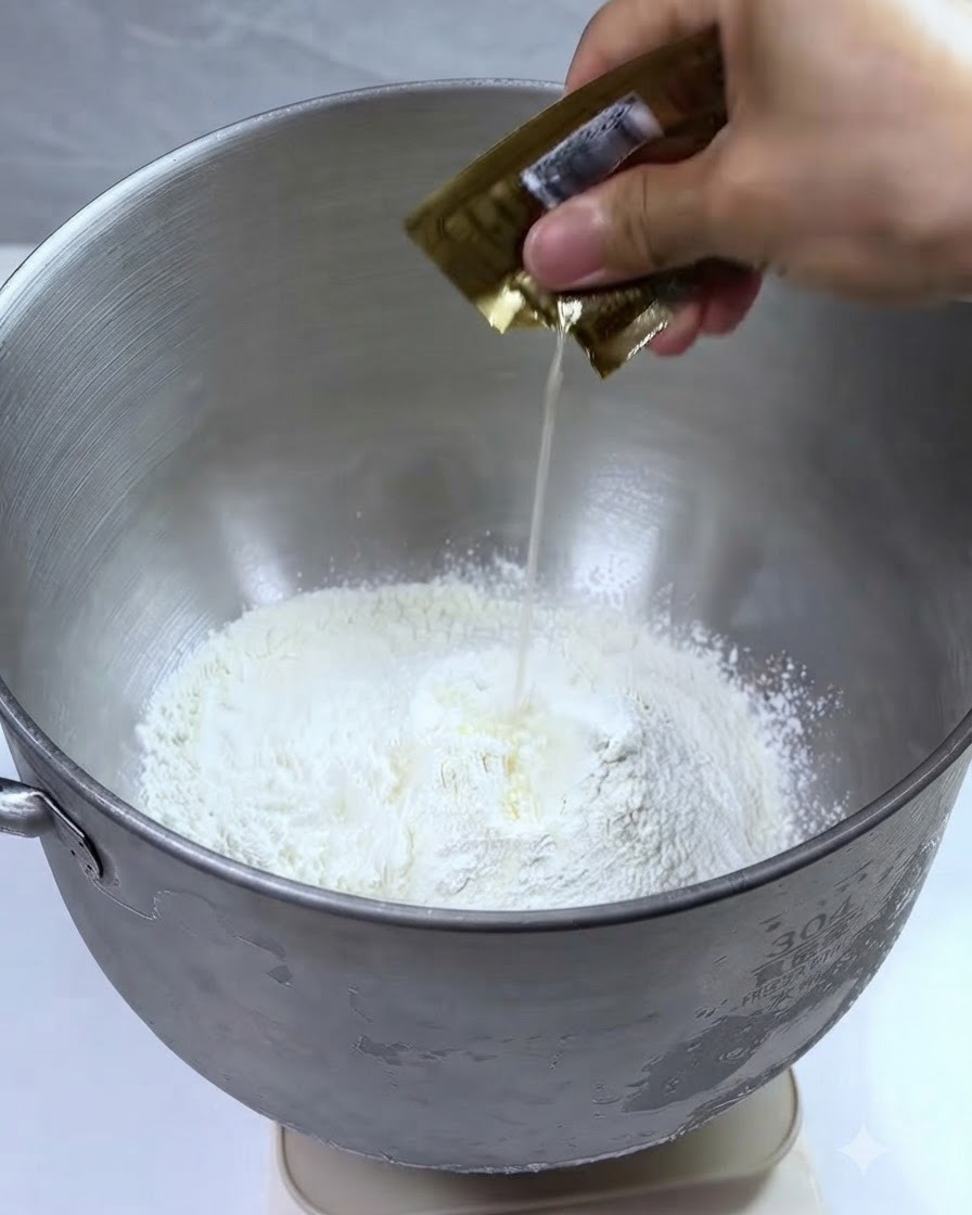 Dry yeast and water being poured into a mixing bowl filled with flour.