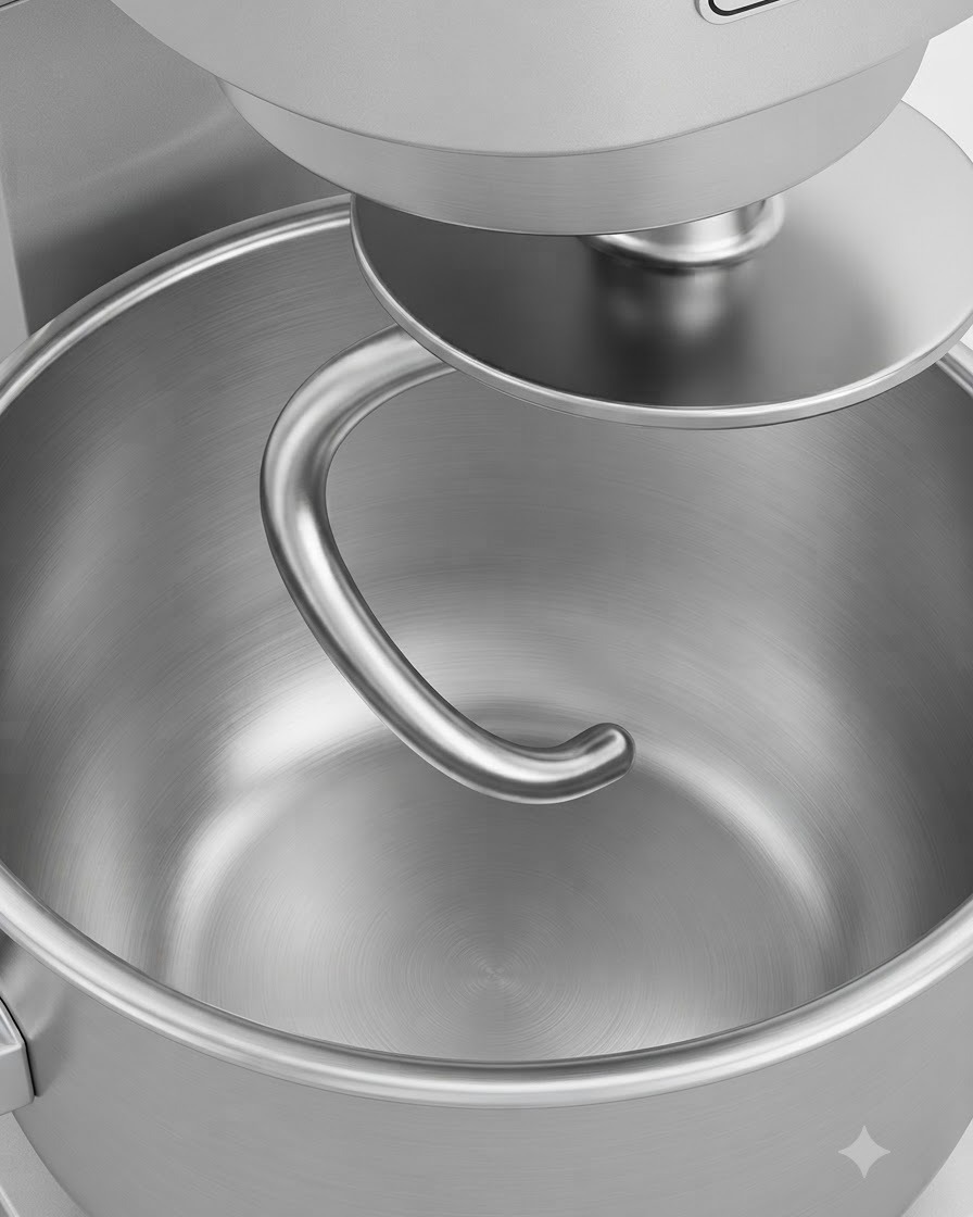 A stand mixer bowl and hook attachment ready for mixing dough ingredients.