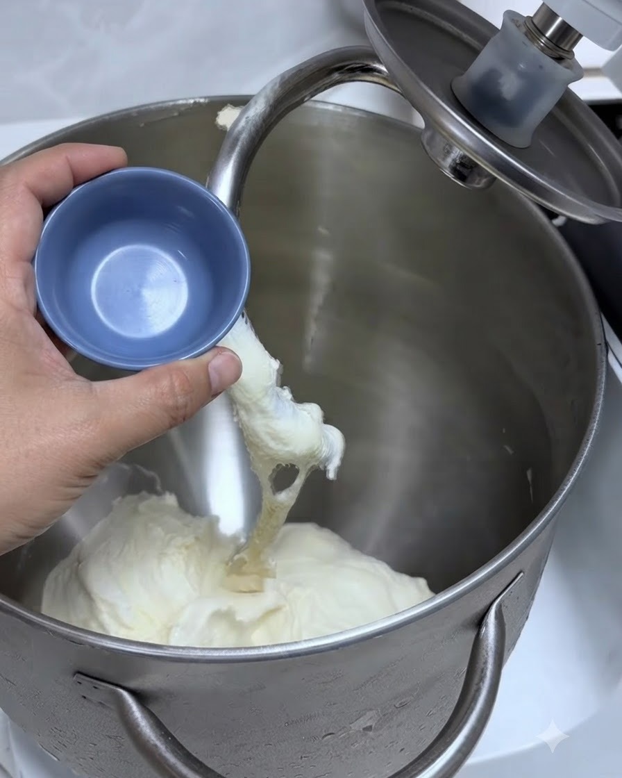Salt and oil being poured from a small bowl into the stand mixer dough.