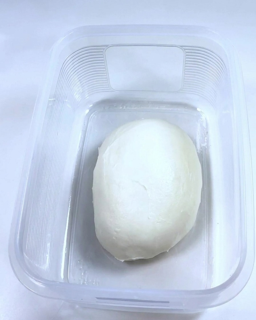 A smooth ball of dough resting inside a clean, oiled rectangular plastic container.