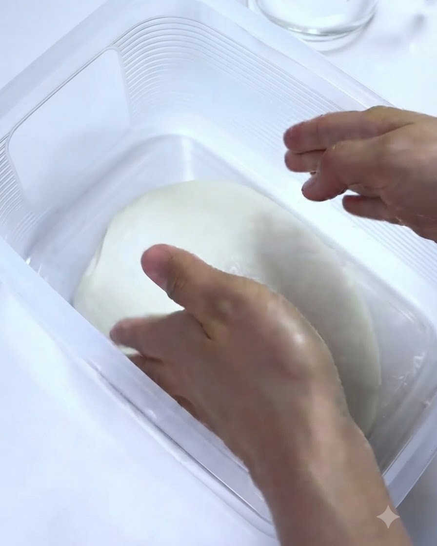 Hands performing a folding motion on the dough inside its container.
