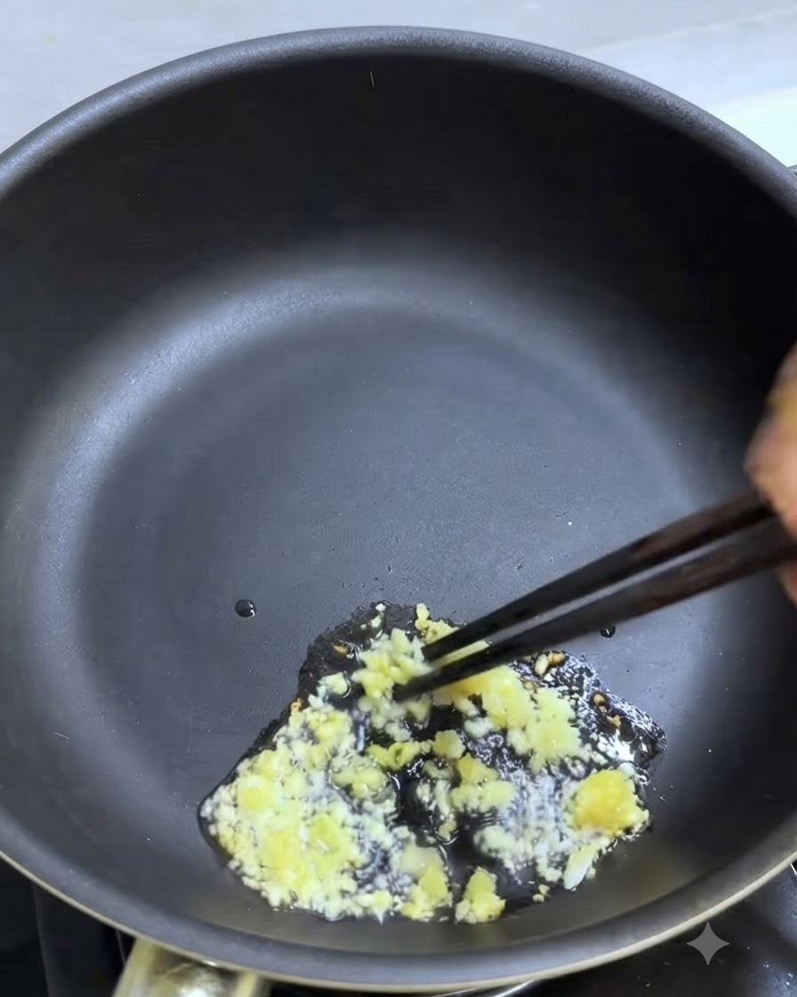 Minced garlic being sautéed in a pan with oil using chopsticks.