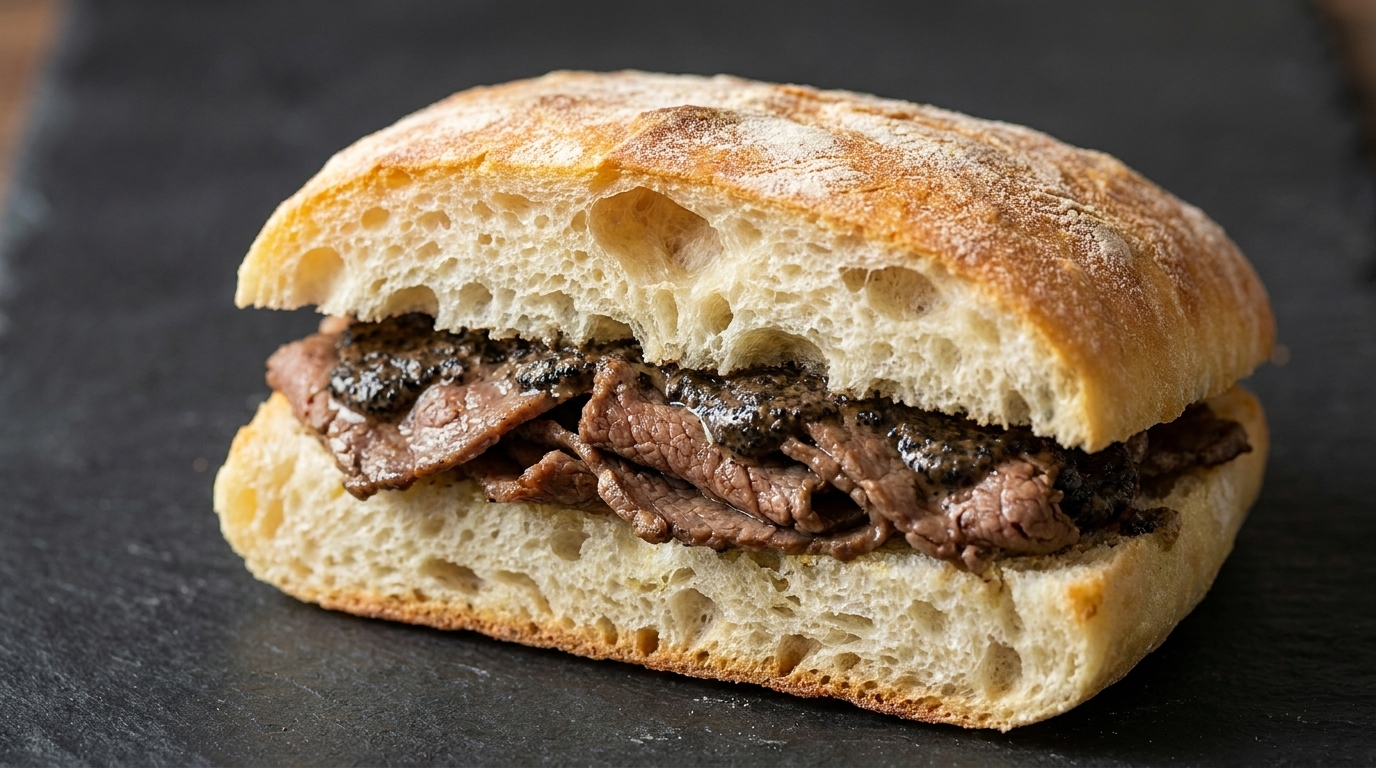 Beef Ciabatta with Preserved Vegetable and Black Truffle Flavors