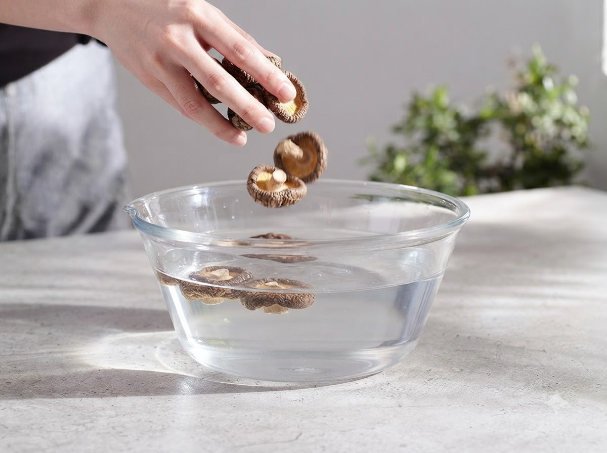 Dried shiitake and tea tree mushrooms soaking in a glass bowl filled with water.
