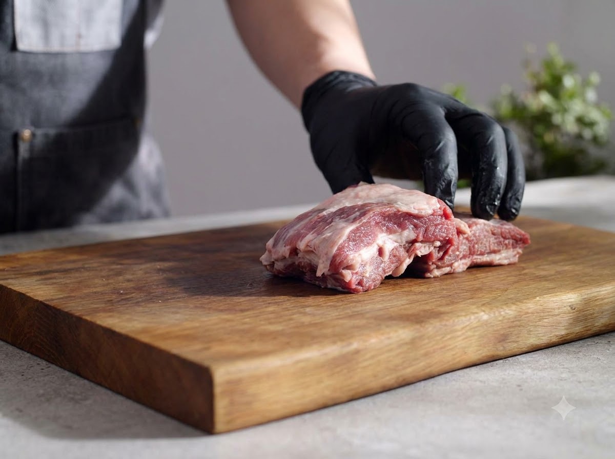 A pair of gloved hands trimming fat from raw beef short ribs on a wooden board.