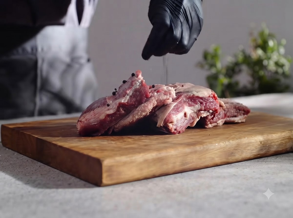 Black peppercorns and garlic being sprinkled onto raw beef short ribs.