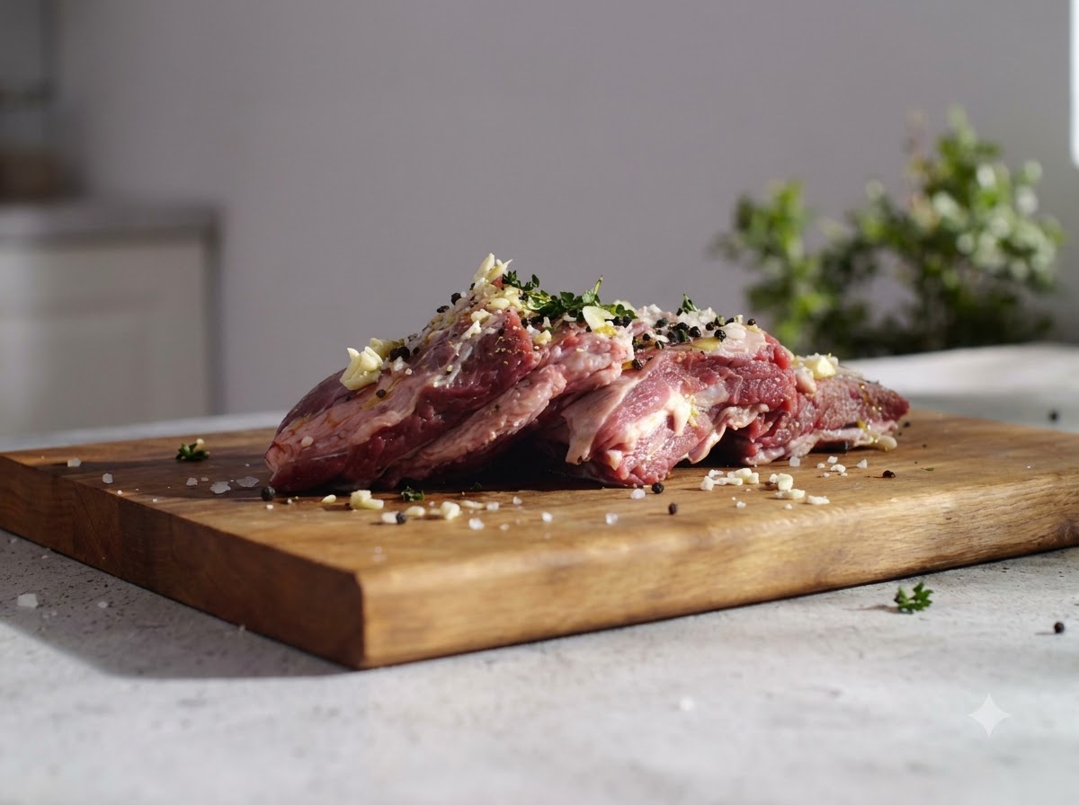 Raw beef ribs coated with garlic, herbs, and seasonings resting on a cutting board.