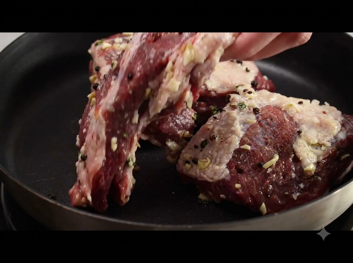Beef short ribs browning in a hot flat pan on the stove.