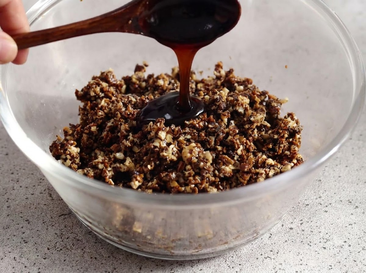 Oyster sauce being poured from a spoon into a glass bowl containing the chopped mushroom and truffle mixture.