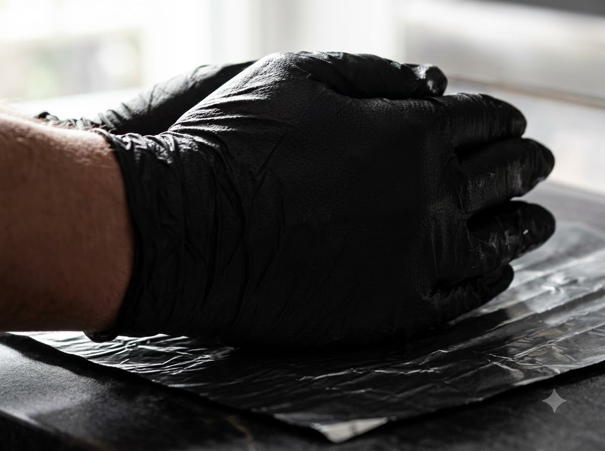 A pair of gloved hands pressing down on a wrapped parcel over baking paper on a flat surface.