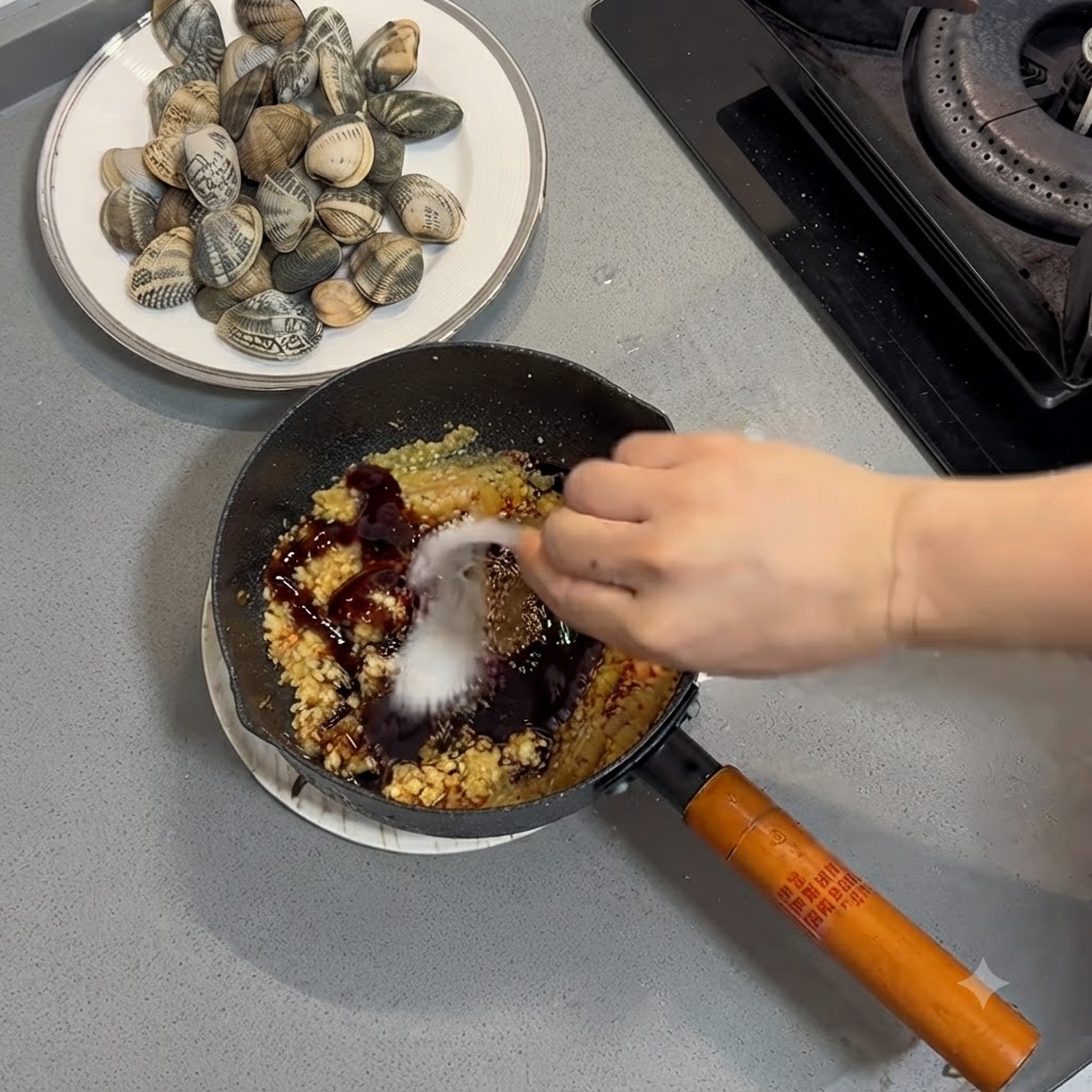 Oyster sauce and seasonings being poured and stirred into the fried garlic in a pan.