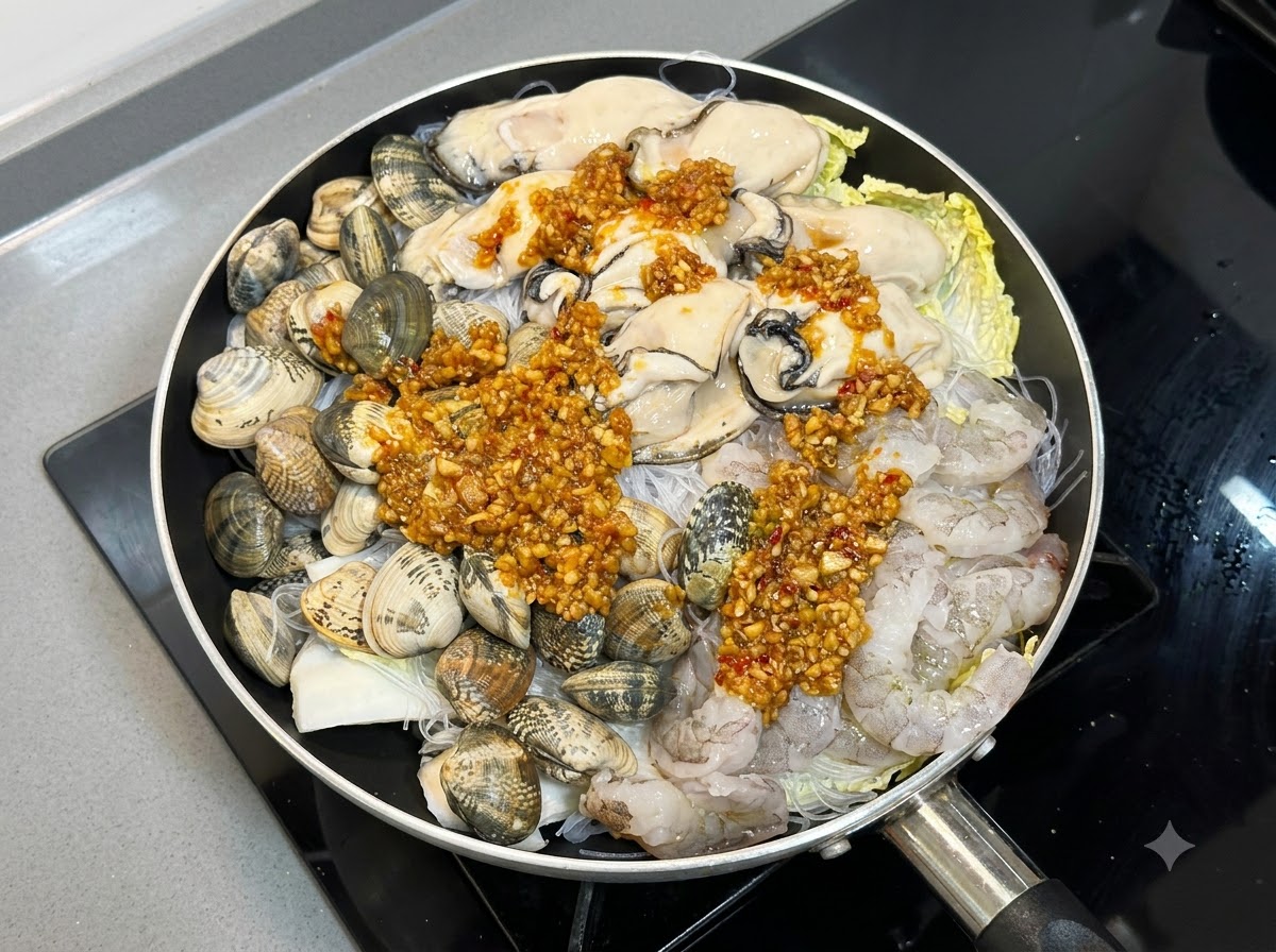 Cooked garlic and chili sauce being generously spooned over the raw seafood and noodle layers in a pan.