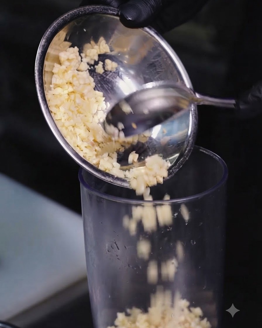 Minced garlic and ginger falling from a stainless steel bowl into a clear blending container.