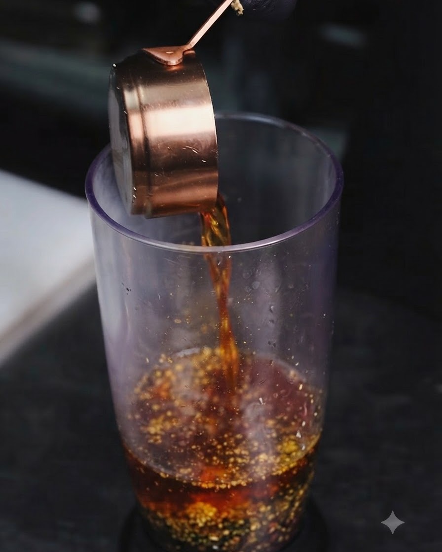 Dark seasoned oil being poured from a copper measuring cup into the blending vessel containing minced ingredients.