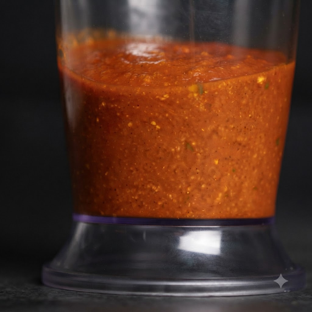 The smooth, deeply colored blended sauce filling the lower portion of the plastic blending container.
