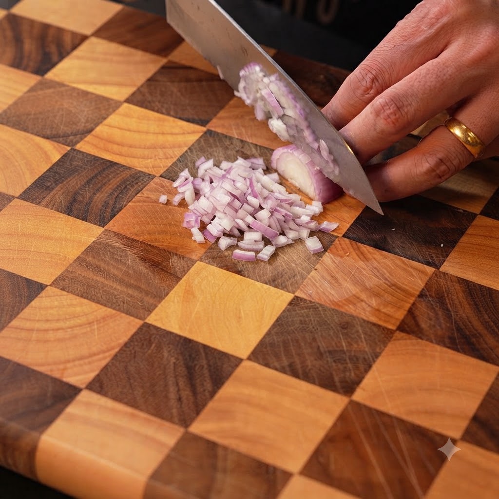 Fresh green chives being cut into small segments on a wooden board.